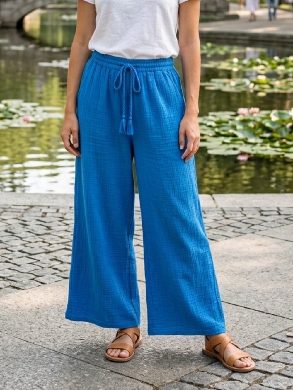 C&C California Women's Resortwear Blue Wide Leg Cotton Gauze Pants Size Medium